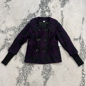 Vex Collection‎ Wool Jacket Womens 36/S Purple Plaid Peacoat  Coat Ribbed Cuffs